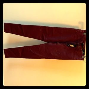 High waisted red/maroon faux leather skinny jeans